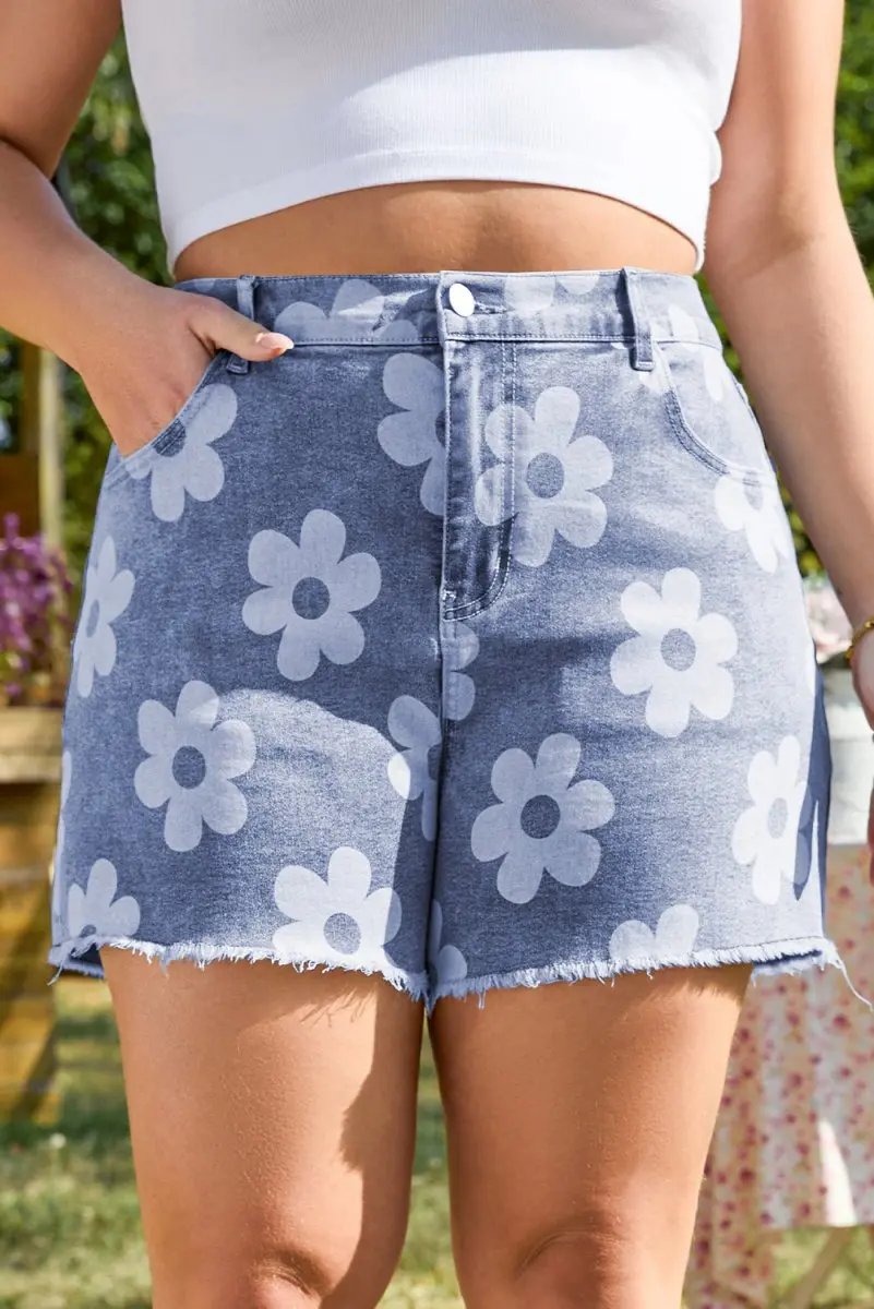 Ashleigh Blue Floral Pattern High Waist Raw Hem Plus Size Denim Shorts - Love Salve